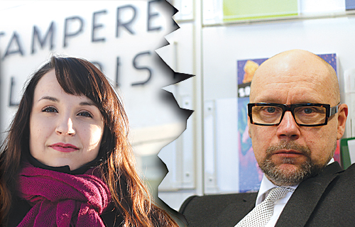 Opiskelija Outi Koivu ja professori Janne Seppänen.