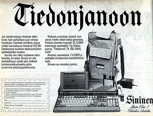 Sininen Mieto Olut I markkinoi itse&auml;&auml;n tiedonjanolla Aviisissa helmikuussa 1989. Kilpailun p&auml;&auml;palkintona oli kannettava tietokone.