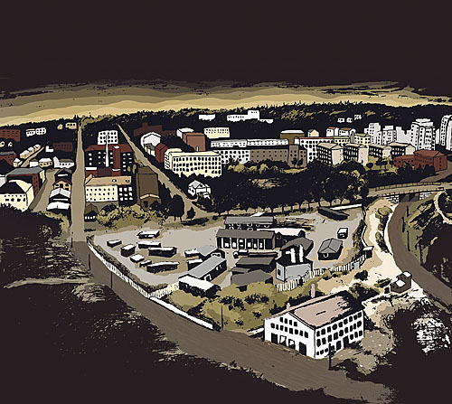 Piirros pohjautuu 50-luvulta olevaan ilmakuvaan. Etualalla on nykyinen yliopiston kampusalue. 